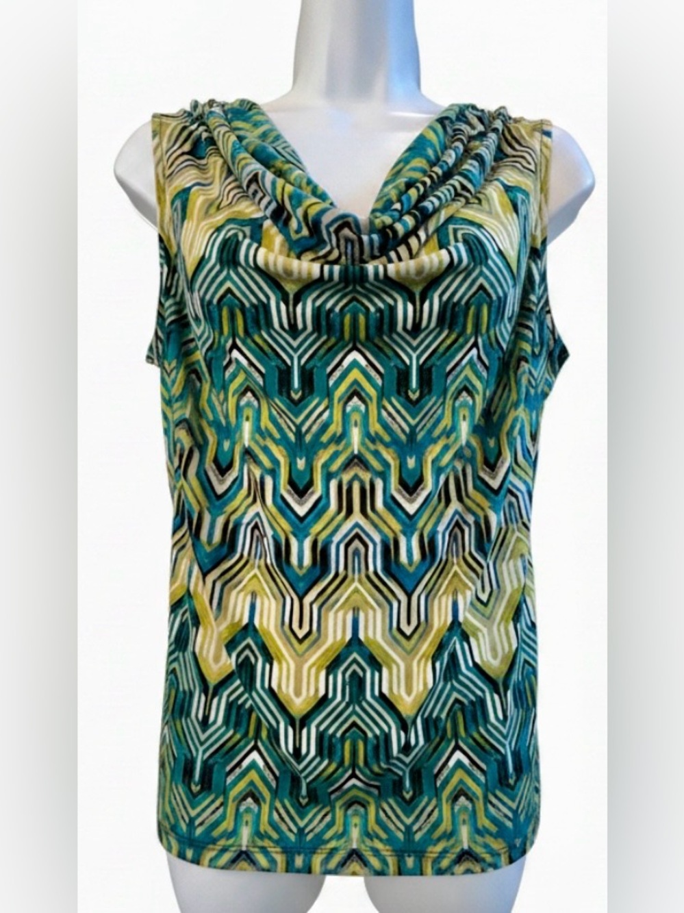 Calvin Klein Geometric Cowl Neck Sleeveless Top Turquoise Lime Black M